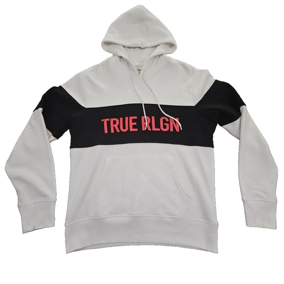 True Religion Men's Pullover Colorblock Hoodie Sweatshirt White Black 103140 LG - Picture 2 of 16